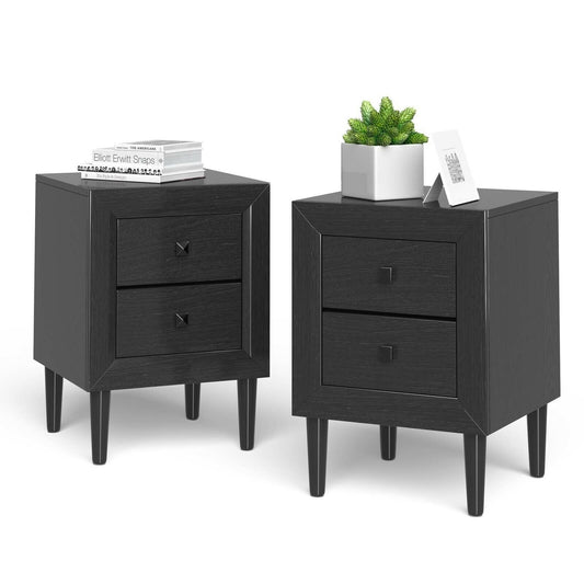 Set of 2 Retro Nightstands with 2 Drawers for Bedroom and Living Room Storage - Black