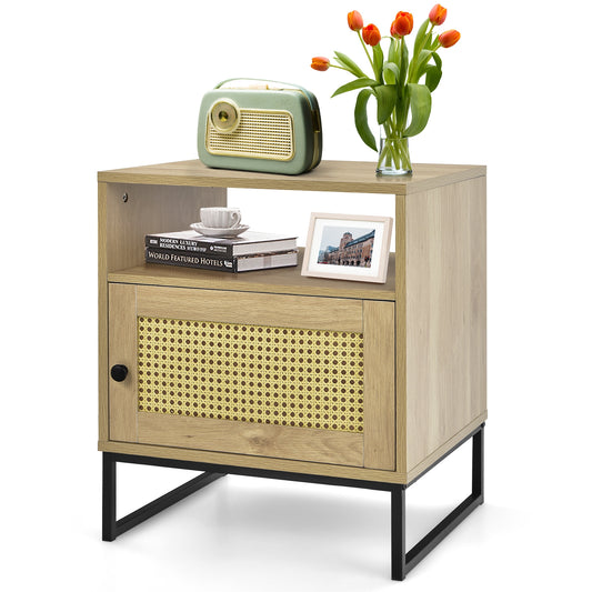 Modern Wooden Nightstand with Storage Cabinet and Rattan Door for Bedroom or Living Room