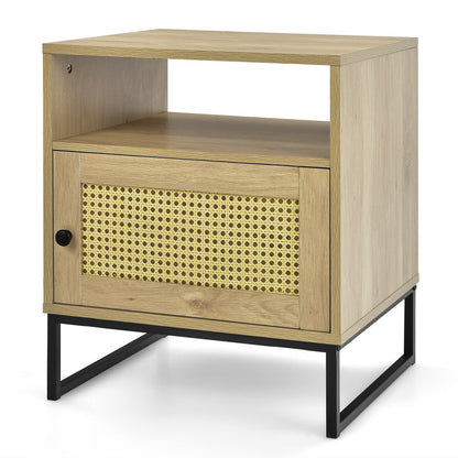 Modern Wooden Nightstand with Storage Cabinet and Rattan Door for Bedroom or Living Room