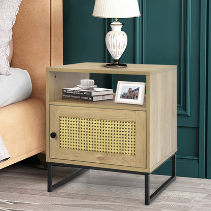 Modern Wooden Nightstand with Storage Cabinet and Rattan Door for Bedroom or Living Room