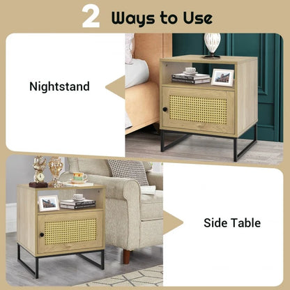 Modern Wooden Nightstand with Storage Cabinet and Rattan Door for Bedroom or Living Room
