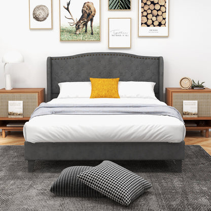 Elegant Upholstered Platform Bed Frame with Button Tufted Headboard – Full/Queen Size