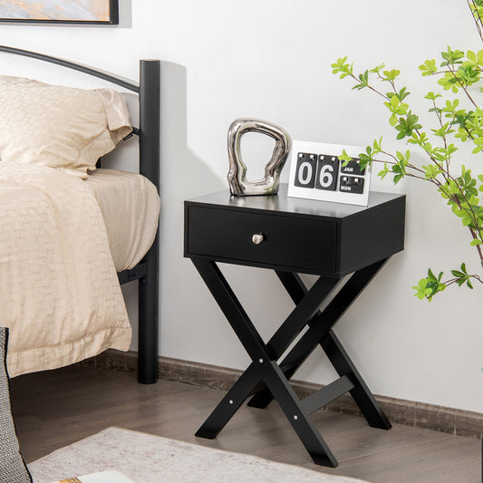 Modern Nightstand with Drawer and X-Frame Base for Bedroom or Living Room - Black