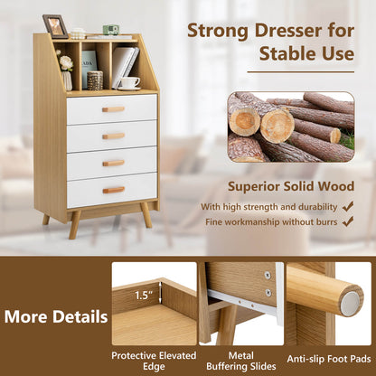 Solid Wood 4-Drawer Dresser with Open Shelves and Anti-Tip Kit, Storage Cabinet for Bedroom or Entryway – Natural Finish