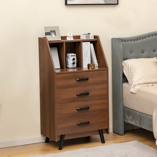 Solid Wood 4-Drawer Dresser with Open Shelves and Anti-Tip Kit, Storage Cabinet for Bedroom or Entryway – Walnut Finish