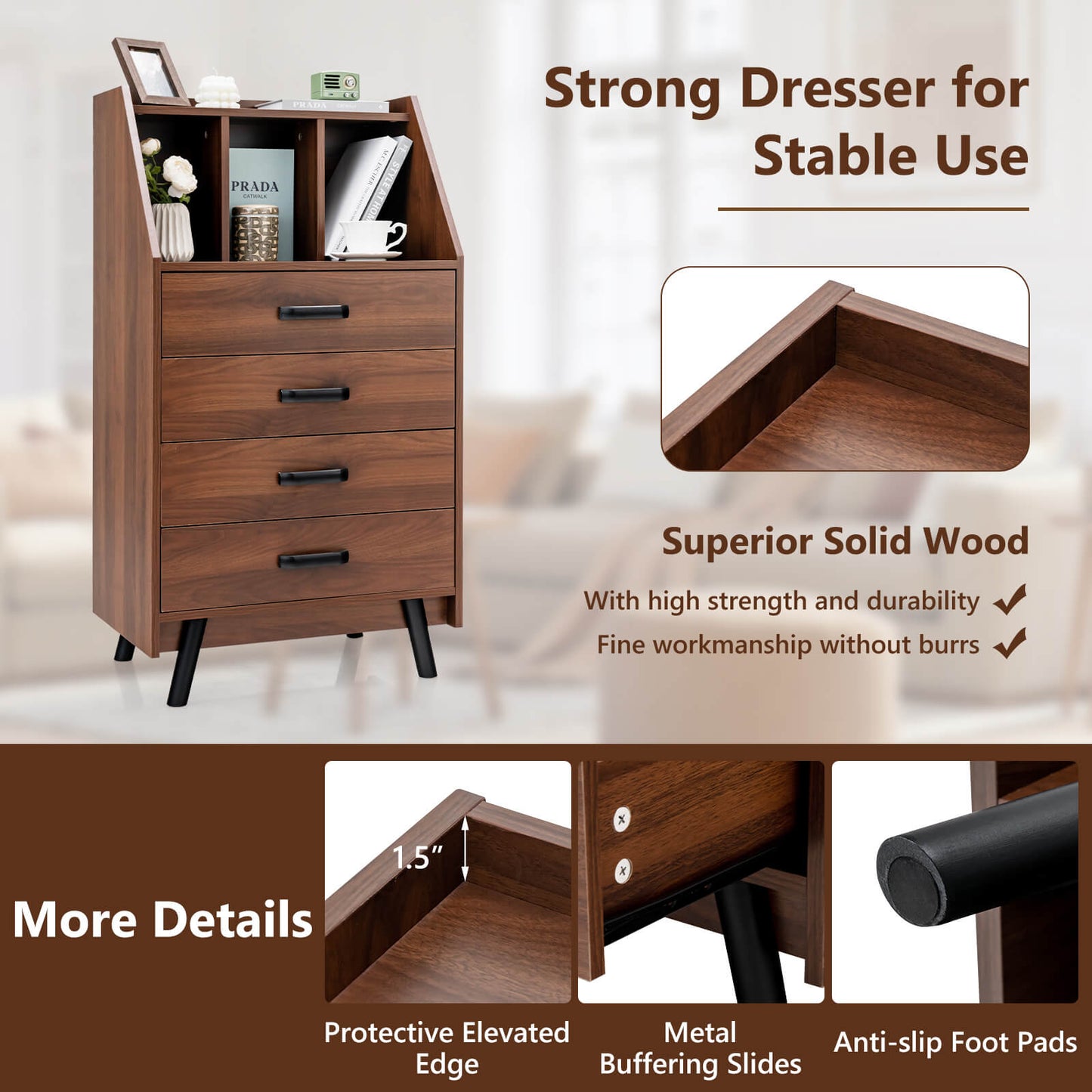 Solid Wood 4-Drawer Dresser with Open Shelves and Anti-Tip Kit, Storage Cabinet for Bedroom or Entryway – Walnut Finish