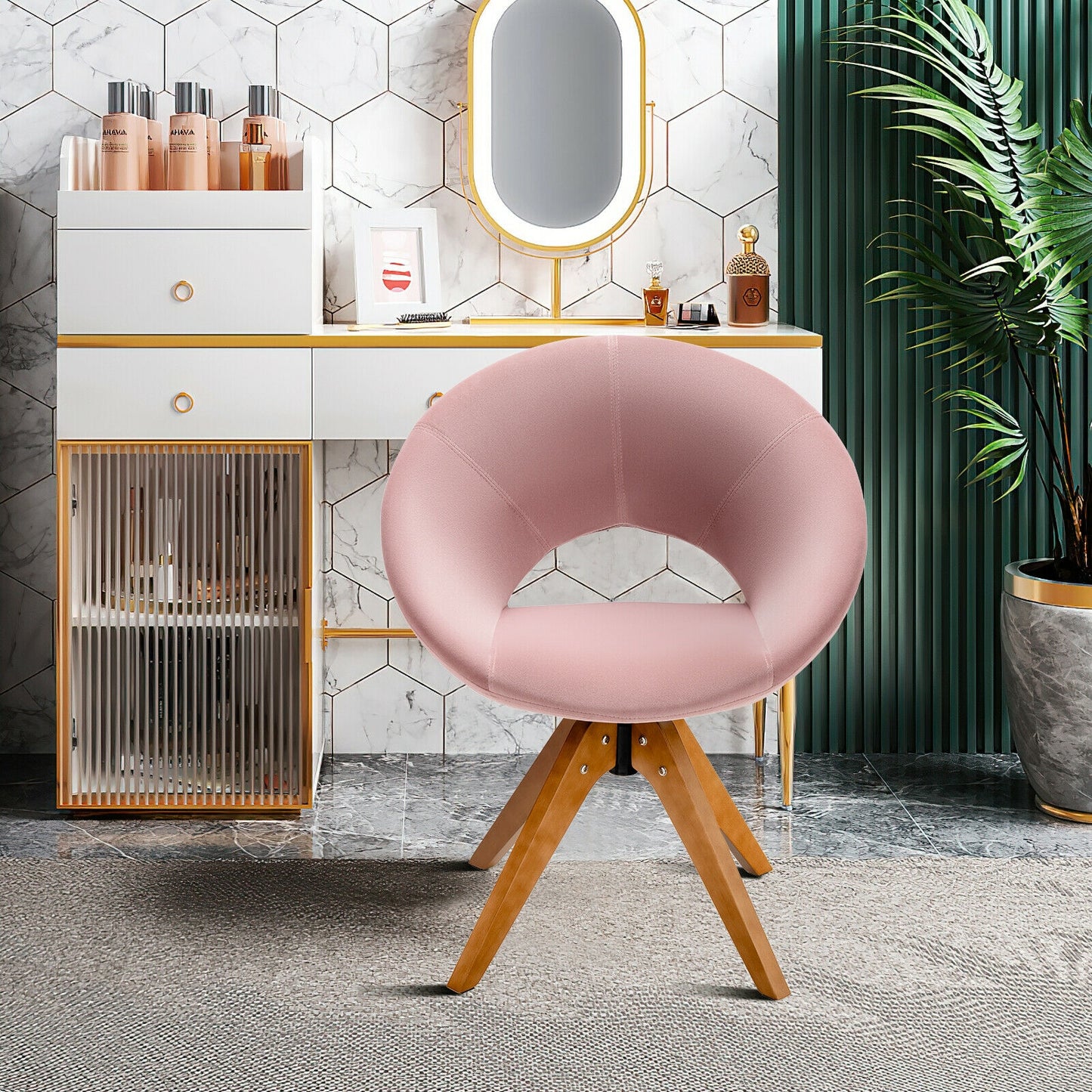 360 Degree Swivel Upholstered Accent Chair with Curved Back and Beech Legs - Pink