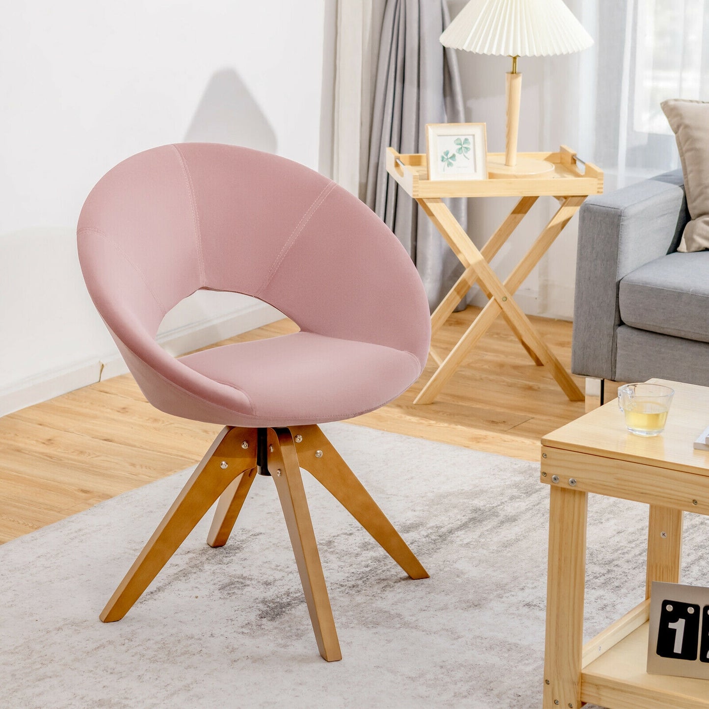 360 Degree Swivel Upholstered Accent Chair with Curved Back and Beech Legs - Pink