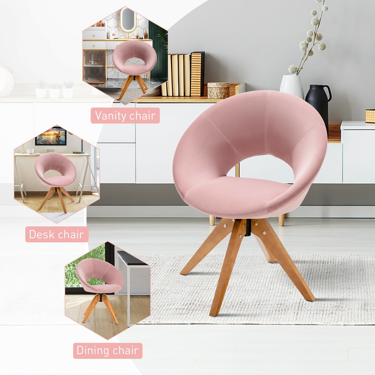 360 Degree Swivel Upholstered Accent Chair with Curved Back and Beech Legs - Pink
