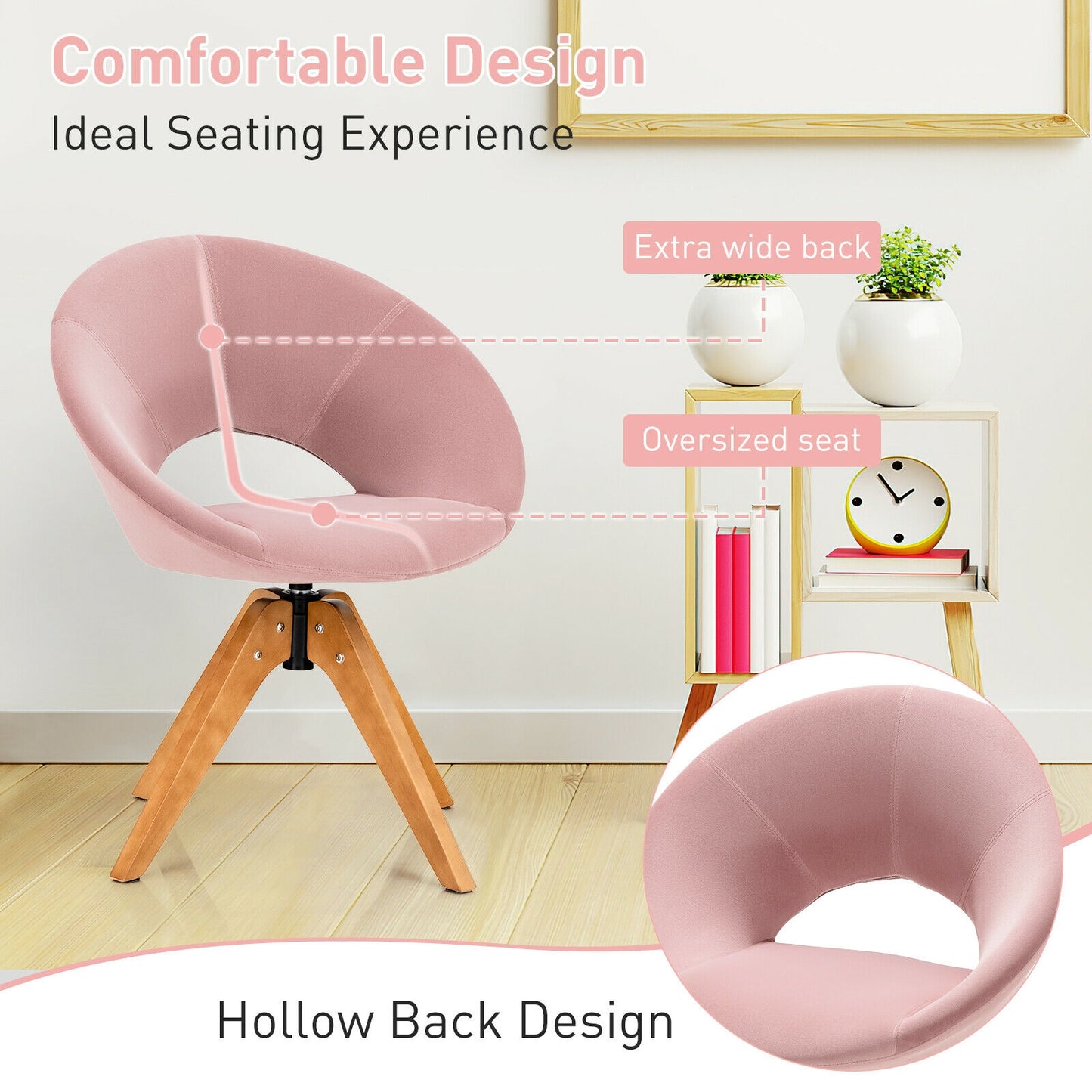 360 Degree Swivel Upholstered Accent Chair with Curved Back and Beech Legs - Pink