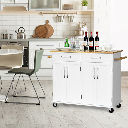 Kitchen Island Cart with Rubber Wood Top and Lockable Rolling Wheels, White