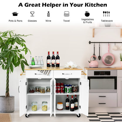Kitchen Island Cart with Rubber Wood Top and Lockable Rolling Wheels, White