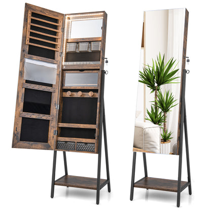 Full-Length Mirror Jewelry Armoire with LED Lights and Lockable Storage – Rustic Brown