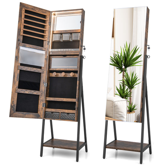 Full-Length Mirror Jewelry Armoire with LED Lights and Lockable Storage – Rustic Brown