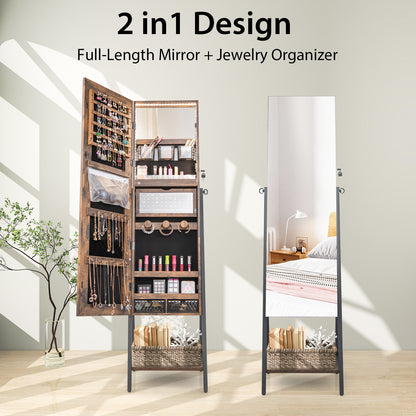 Full-Length Mirror Jewelry Armoire with LED Lights and Lockable Storage – Rustic Brown