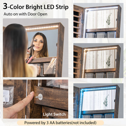 Full-Length Mirror Jewelry Armoire with LED Lights and Lockable Storage – Rustic Brown