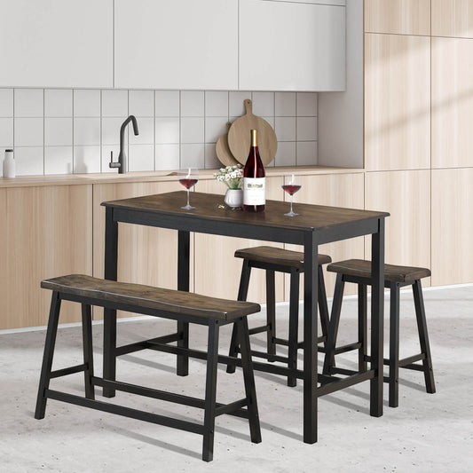 4 Piece Solid Wood Counter Height Dining Set in Coffee with Bench and Stools