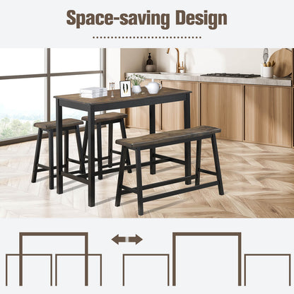 4 Piece Solid Wood Counter Height Dining Set in Coffee with Bench and Stools