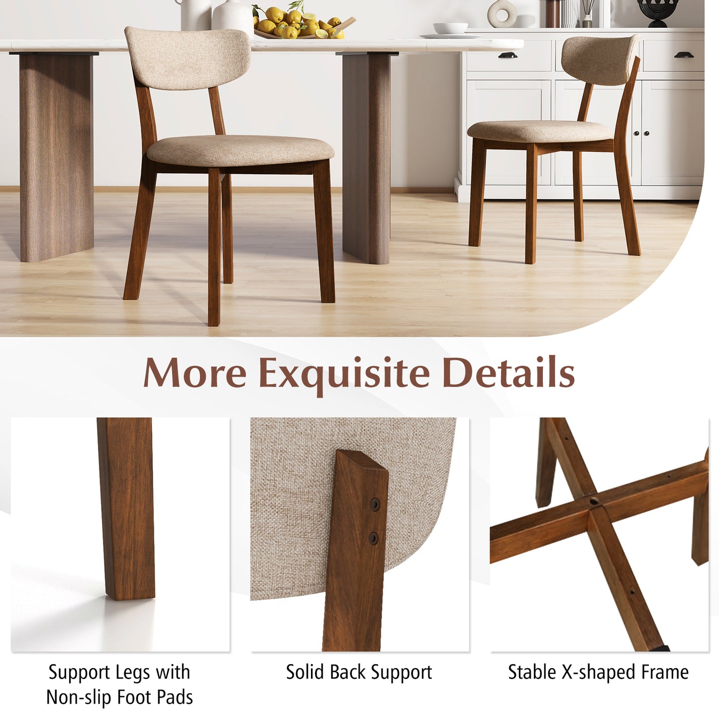 Upholstered Dining Chairs with Mid-Back Design and Solid Rubber Wood Frame – Beige, Set of 2