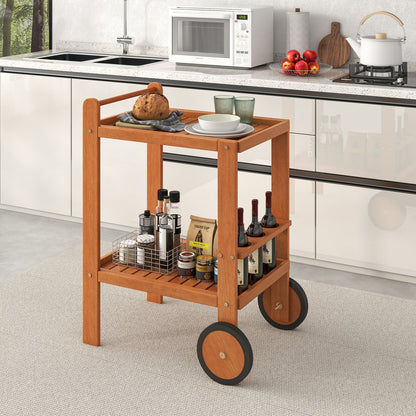 Wood Bar Cart with Wine Storage and Rubber Wheels for Indoor and Outdoor Use