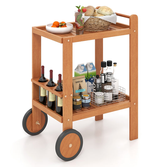 Wood Bar Cart with Wine Storage and Rubber Wheels for Indoor and Outdoor Use