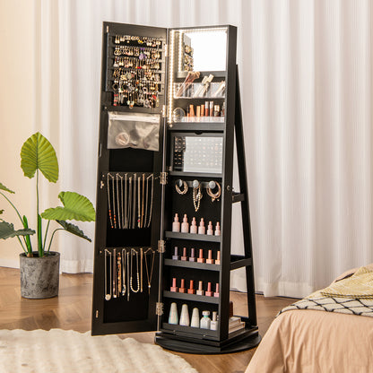 360° Rotating Jewelry Armoire with LED Mirror and Lockable Storage – Black