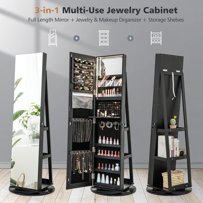 360° Rotating Jewelry Armoire with LED Mirror and Lockable Storage – Black