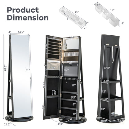 360° Rotating Jewelry Armoire with LED Mirror and Lockable Storage – Black