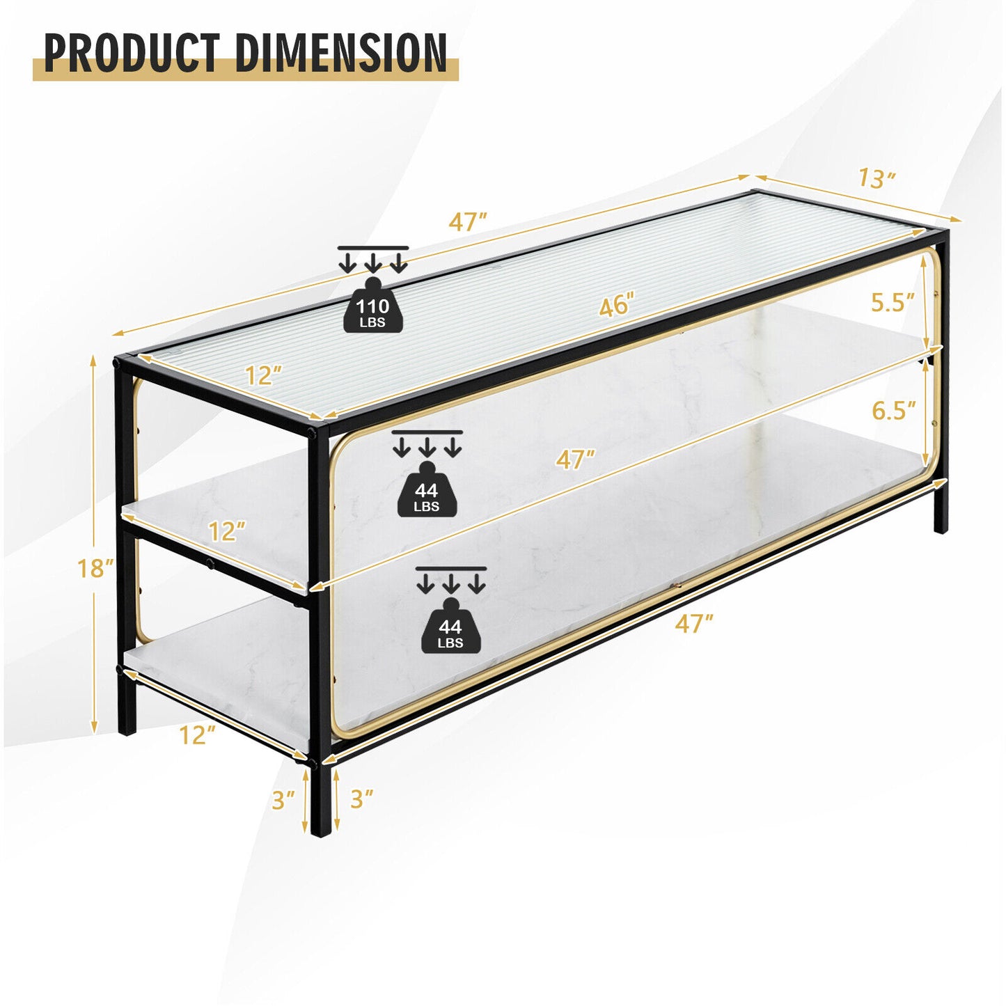 Elegant 3 Tier TV Console with Tempered Glass Top for TVs up to 50 Inches