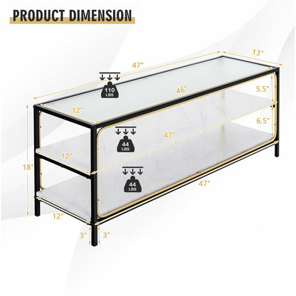 Elegant 3 Tier TV Console with Tempered Glass Top for TVs up to 50 Inches