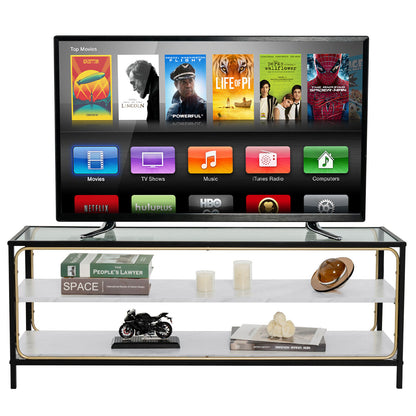 Elegant 3 Tier TV Console with Tempered Glass Top for TVs up to 50 Inches