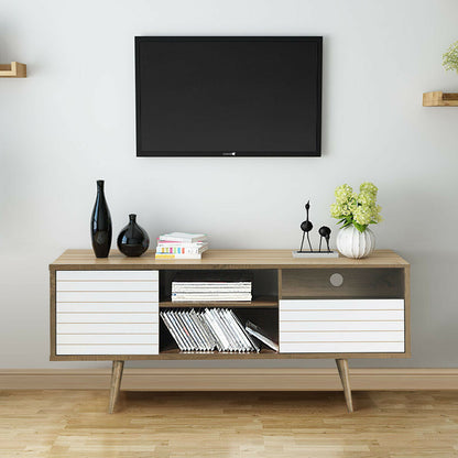 Modern Media Stand with Drawer Storage and Cable Management for 65 Inch TVs - Brown & White