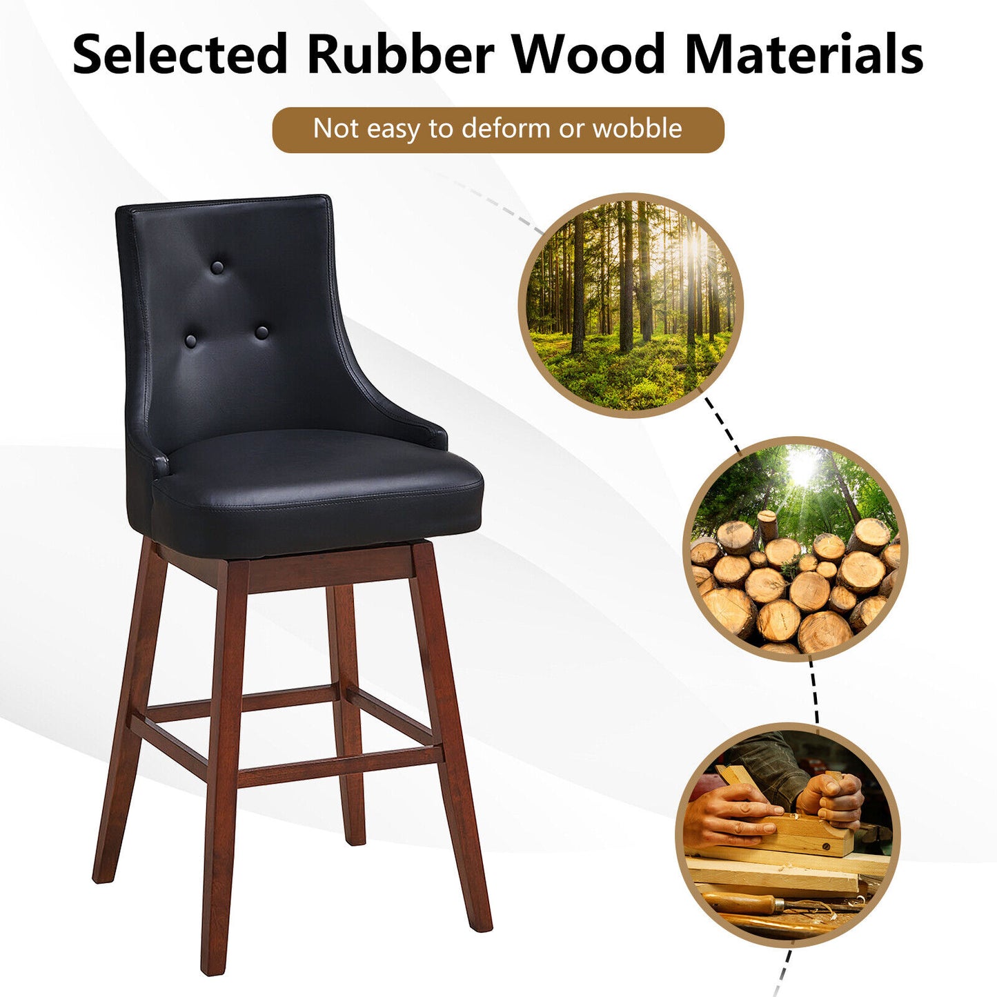 Pair of 29 Inch Swivel Upholstered Bar Stools with Durable Wood Legs