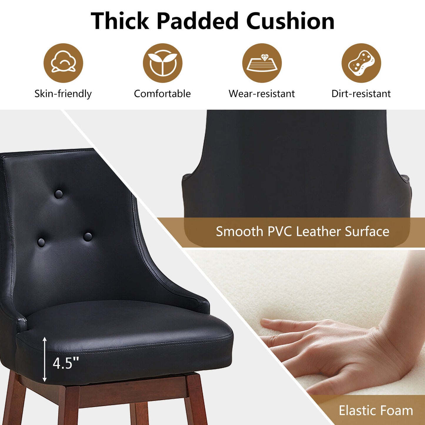 Pair of 29 Inch Swivel Upholstered Bar Stools with Durable Wood Legs