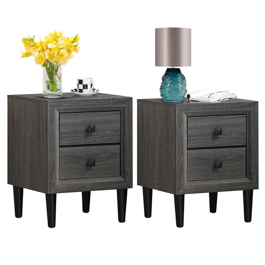 Set of 2 Retro Nightstands with 2 Drawers for Bedroom and Living Room Storage - Grey