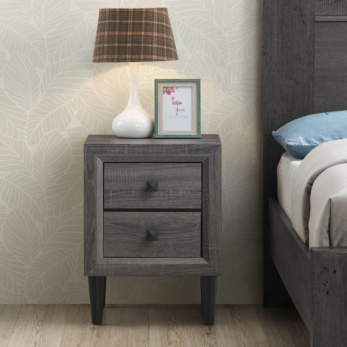 Set of 2 Retro Nightstands with 2 Drawers for Bedroom and Living Room Storage - Grey