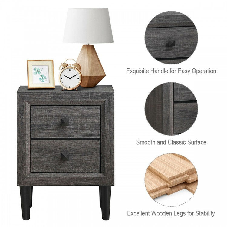 Set of 2 Retro Nightstands with 2 Drawers for Bedroom and Living Room Storage - Grey
