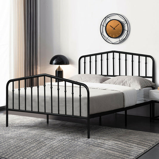 Elegant Queen Size Metal Platform Bed Frame with Vintage Headboard & Footboard Design - Black