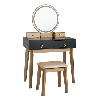 Vanity Set with LED Lighted Mirror, 4 Storage Drawers, Jewelry Organizer, and Cushioned Stool – Black