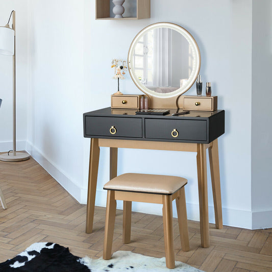 Vanity Set with LED Lighted Mirror, 4 Storage Drawers, Jewelry Organizer, and Cushioned Stool – Black