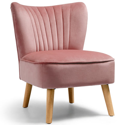 Velvet Armless Accent Chair with Natural Wood Legs - Pink