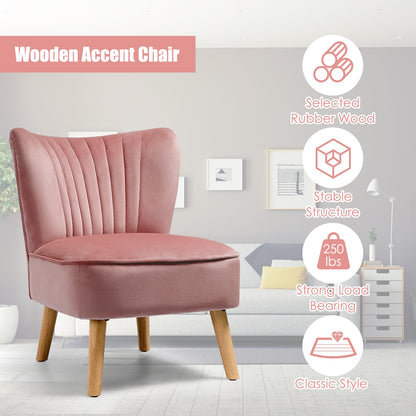 Velvet Armless Accent Chair with Natural Wood Legs - Pink