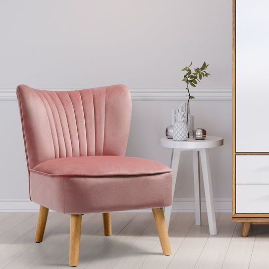Velvet Armless Accent Chair with Natural Wood Legs - Pink