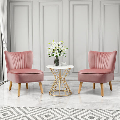 Velvet Armless Accent Chair with Natural Wood Legs - Pink