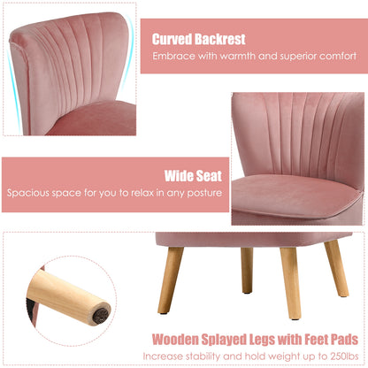 Velvet Armless Accent Chair with Natural Wood Legs - Pink