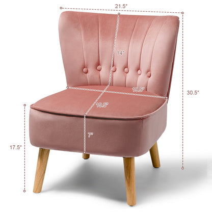 Tufted Velvet Armless Accent Chair with Ergonomic Backrest and Wood Legs - Pink