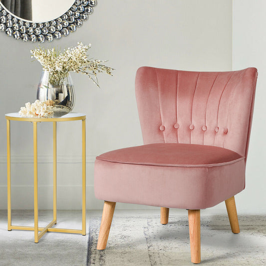 Tufted Velvet Armless Accent Chair with Ergonomic Backrest and Wood Legs - Pink