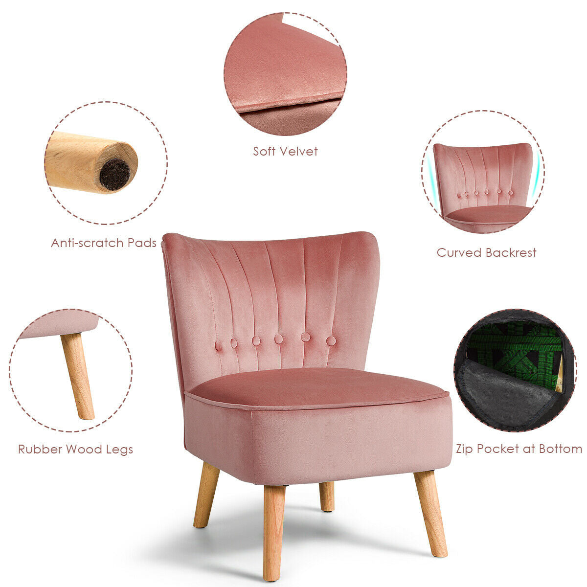 Tufted Velvet Armless Accent Chair with Ergonomic Backrest and Wood Legs - Pink