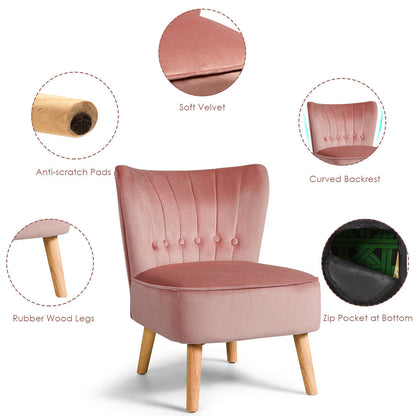 Tufted Velvet Armless Accent Chair with Ergonomic Backrest and Wood Legs - Pink