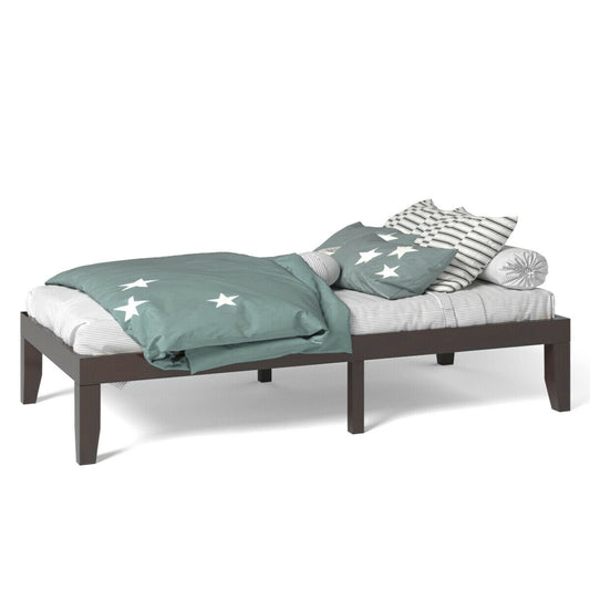 14 Inch Twin Size Solid Rubberwood Platform Bed Frame with Durable Wood Slat Support – Brown